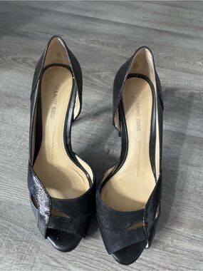 Gianni Bini Black Peep-Toe D'Orsay Heels with Metallic Accent